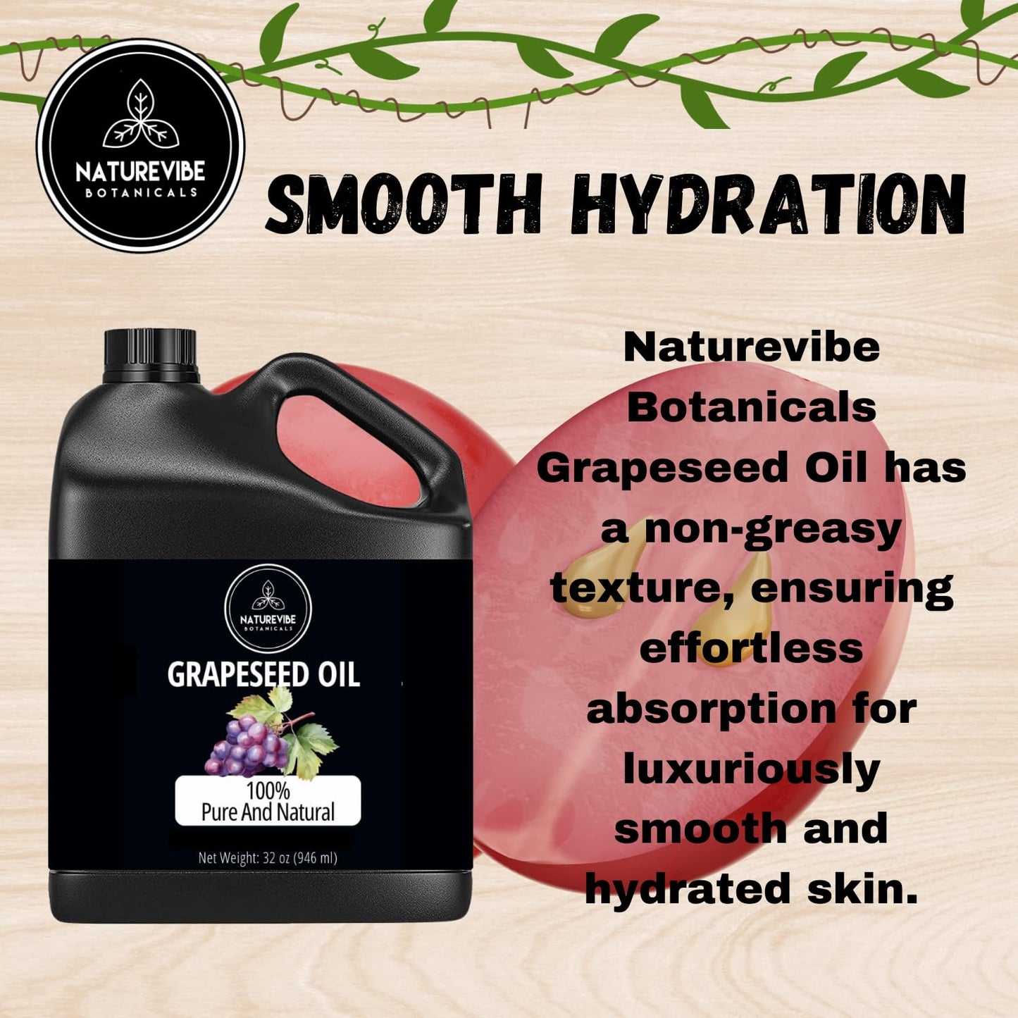 Naturevibe Botanicals Grapeseed Oil 32oz | 100% Pure Cold-Pressed & Lightweight Carrier Oil | Non-Greasy Natural Moisturizer for Skin, Hair, Face, Nails & Massage | Hexane-Free, Fresh & Versatile