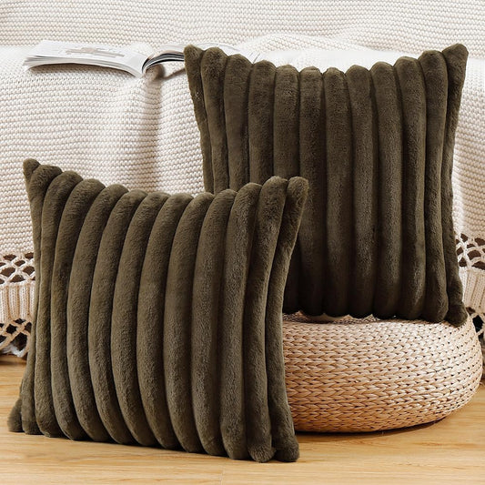 MADIZZ Set of 2 Faux Wool Plush Decorative Throw Pillow Covers 26x26 Inch Drak Brown Fluffy Striped Soft Decorative Cushion Cover for Sofa Bedroom Pillow Shell