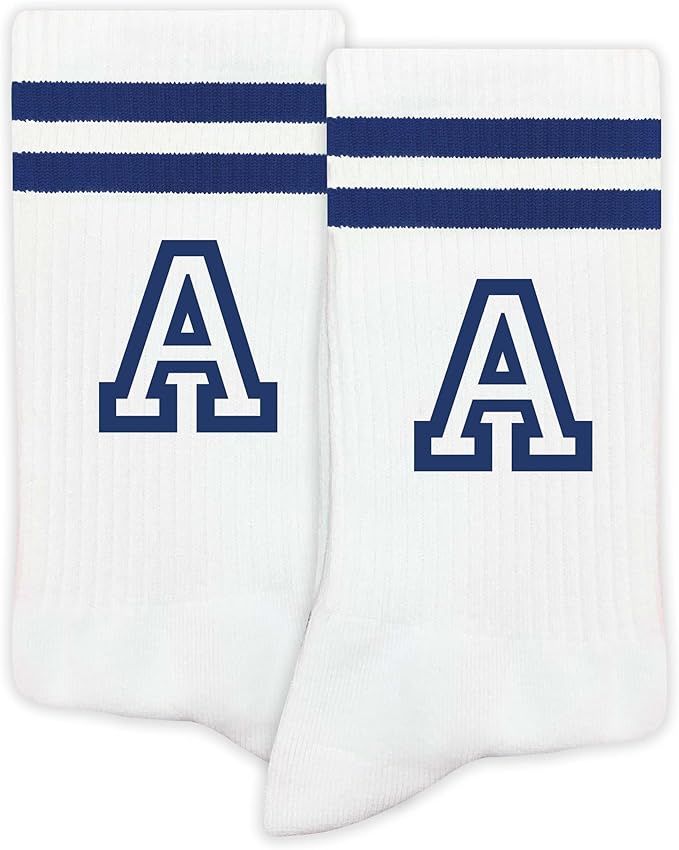 Striped Initial Socks with the Letter in Navy Blue, Socks for Adult, Teens, Men&Women Socks, Gifts for Friends, Family, etc.