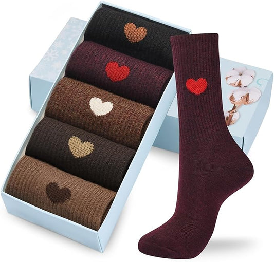 Corlap Women's Cute Cotton Crew Athletic Running Socks - Ankle High, Novelty Fun Heart Design 5-Pairs (Gift Box)