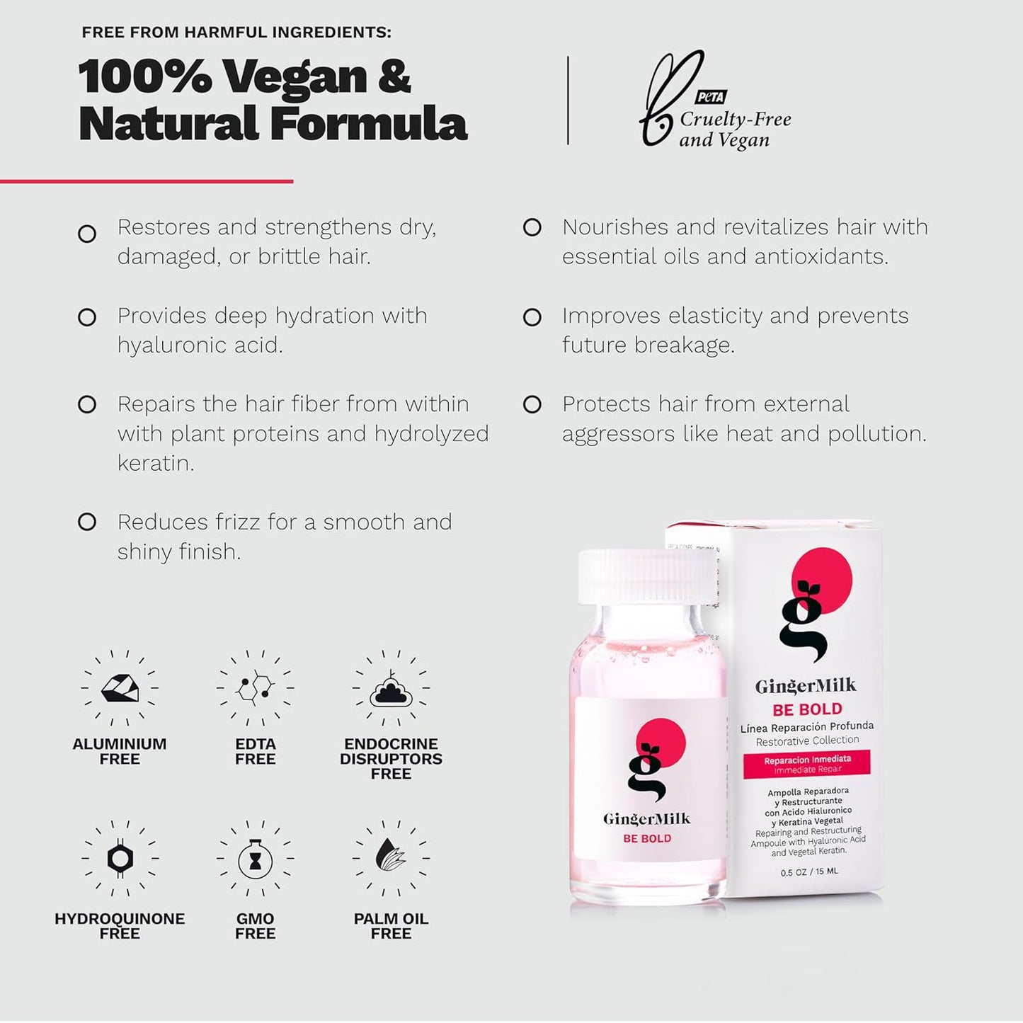 Ginger Milk Hair Repair Ampoule with Hyaluronic Acid for Damaged Hair Treatment (Pack 3 x 0.5 fl oz)