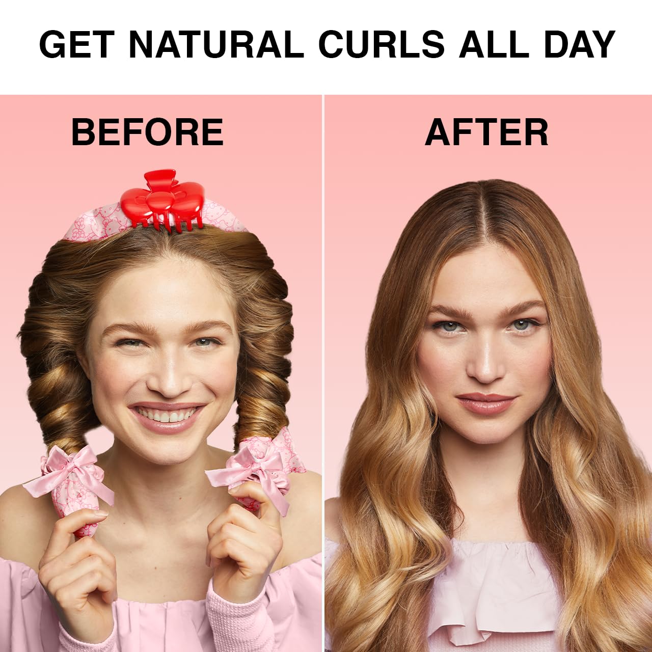 Hello Kitty x Kitsch XL Satin Heatless Curling Set- Heatless Hair Curler To Sleep In for Frizz-Free & Soft Curls, Comes with Bow Shape Design Hair Claw and Satin Scrunchies, Gifts for Women, 4pc Set
