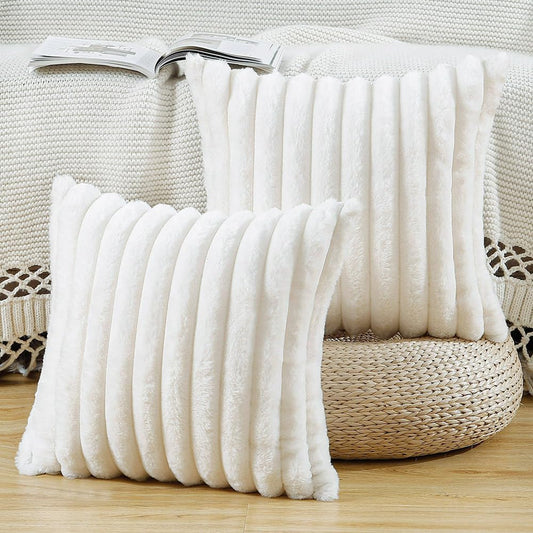 MADIZZ Set of 2 Faux Wool Plush Decorative Throw Pillow Covers 24x24 Inch Cream Fluffy Striped Soft Decorative Cushion Cover for Sofa Bedroom Pillow Shell