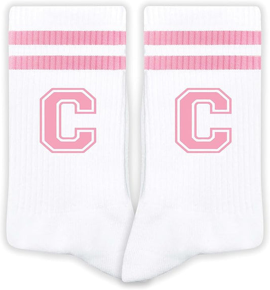 Pink And White-Striped Letter Socks, Sports Socks For Women, Pink Team socks, Friends And Family, Birthday Gift.