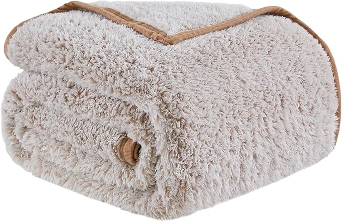 EMME Soft Sherpa Fleece Blanket Reversible Plush Fluffy Large Blanket, Light Weight Warm Decorative Boho Blanket Cover for Sofa, Couch, Bedroom,Travel(Plush Khaki,60"x80")