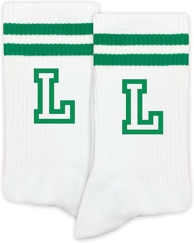 Striped Initial Socks with the Letter in Green, St. Patricks Day Socks Gifts for Family Friends, etc.