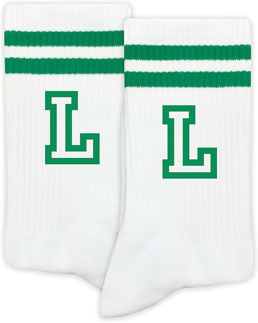 Striped Initial Socks with the Letter in Green, St. Patricks Day Socks Gifts for Family Friends, etc.