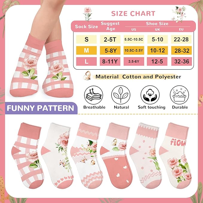 Queenshin Animal Flowers Dance Socks Girls Novelty Toddler Kids Crew Ankle Socks 6 Pairs 3-14Y Birthday Gift