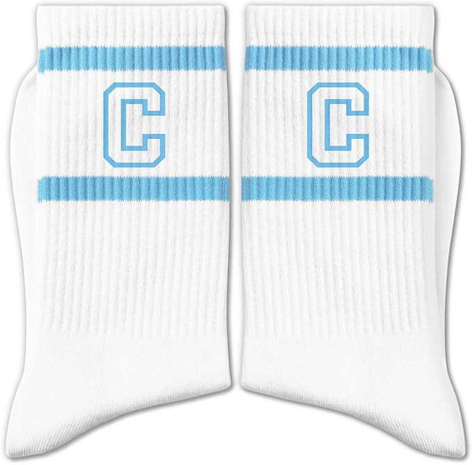Light Blue and White Striped Crew Socks with the Letter， Classic Varsity Sports Style Monogram Socks