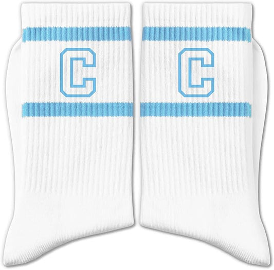 Light Blue and White Striped Crew Socks with the Letter， Classic Varsity Sports Style Monogram Socks