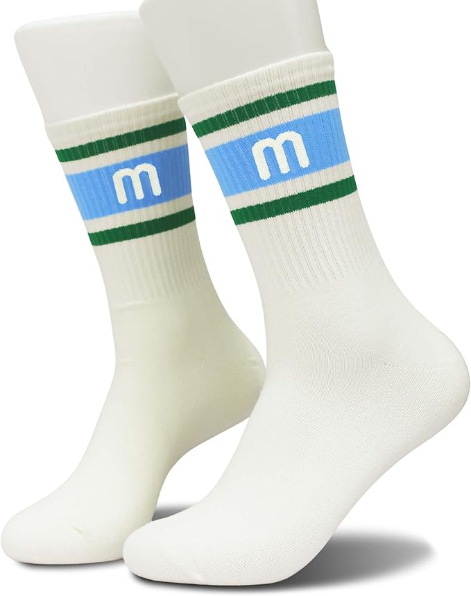 Blue and Off-white Retro Striped Crew Socks with The Letter, Classic Initial Sporty Monogram Socks.
