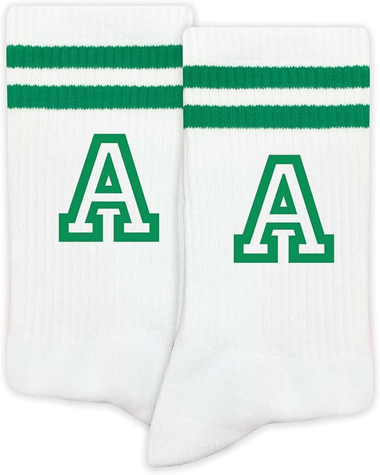 Striped Initial Socks with the Letter in Green, St. Patricks Day Socks Gifts for Family Friends, etc.