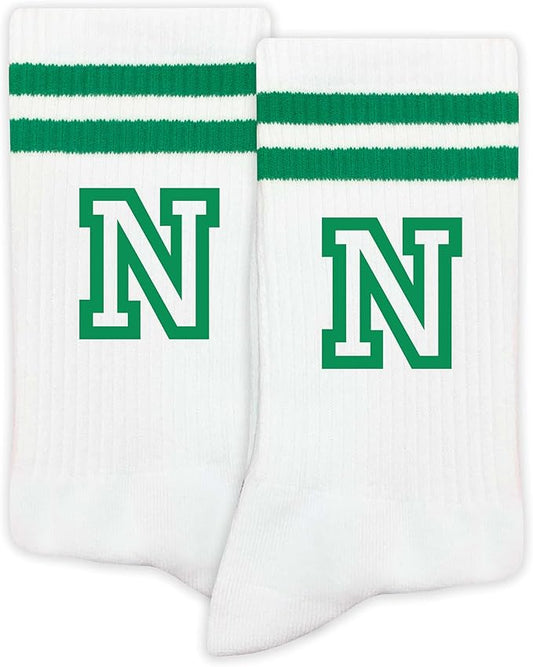 Striped Initial Socks with the Letter in Green, St. Patricks Day Socks Gifts for Family Friends, etc.