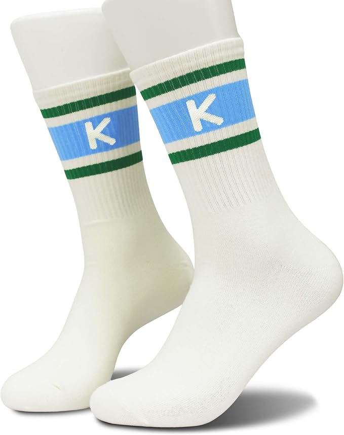 Blue and Off-white Retro Striped Crew Socks with The Letter, Classic Initial Sporty Monogram Socks.
