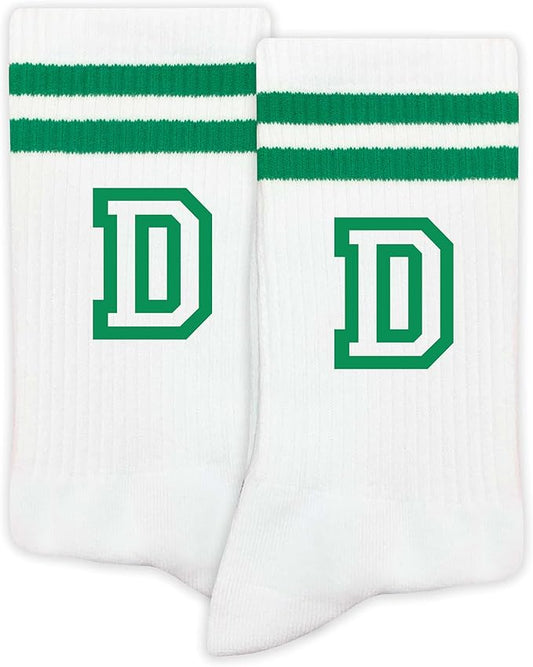 Striped Initial Socks with the Letter in Green, St. Patricks Day Socks Gifts for Family Friends, etc.