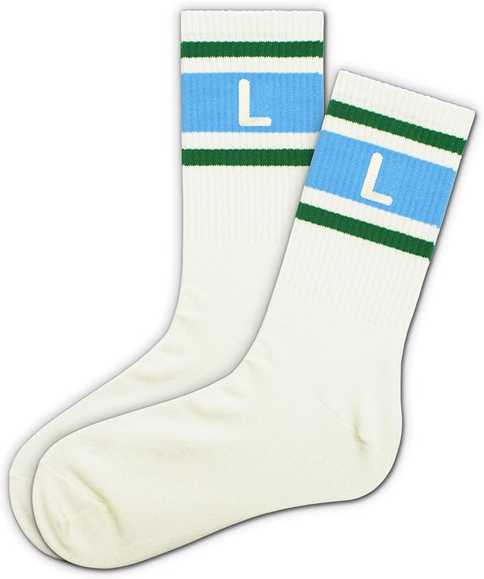 Blue and Off-white Retro Striped Crew Socks with The Letter, Classic Initial Sporty Monogram Socks.