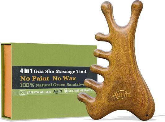 4-in-1 Gua Sha Tool for Face & Body, Natural Green Sandalwood – Lymphatic Drainage, Jaw Lifting & Nose Sculpting, Head Massage Comb for Stress Relief, Home Office Self Care Gifts for Mom Girl Friend