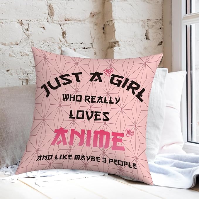 Anime Decor, Just a Girl Who Loves Anime Anime Room Decorative Throw Pillow Covers, Girls Anime Gifts Anime Lovers for Home Living Room Girl Women Bedroom Decoration Gifts Pink