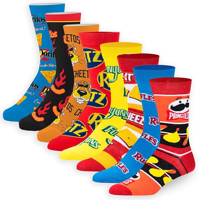 Crazy Socks–Snack Food Value Bundle – 8-Pack Novelty Crew Socks Gift Set Large Sizes for Men and Women, Soft & Comfortable