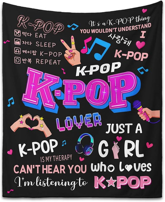 Kpop Gifts Blanket for Teen Girls - Music Gifts for Women Friends K-Pop Fans Lovers, Kpop Merch Stuff, Christmas Birthday Gifts for BFF Girls Women, Just A Girl Who Loves K-pop Blanket 80''x60''