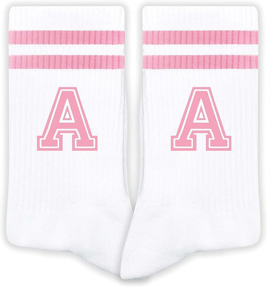 Pink And White-Striped Letter Socks, Sports Socks For Women, Pink Team socks, Friends And Family, Birthday Gift.