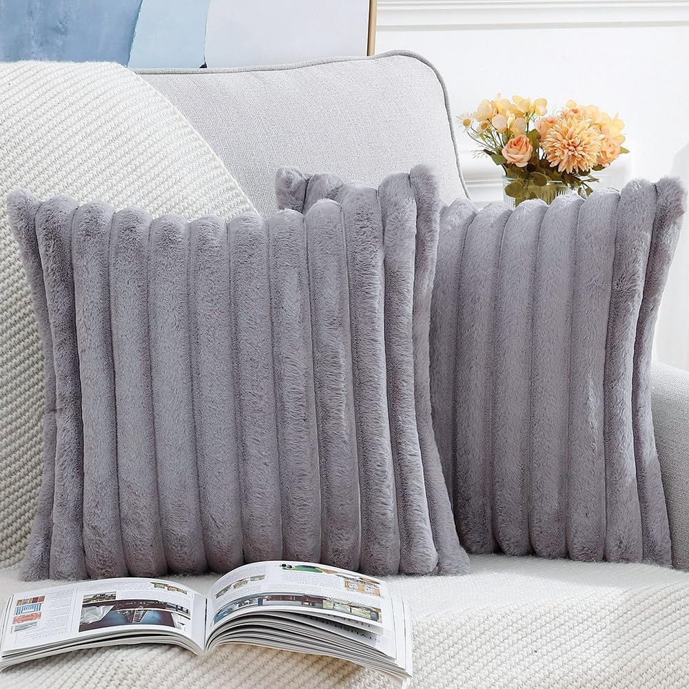 MADIZZ Set of 2 Faux Wool Plush Decorative Throw Pillow Covers 24x24 Inch Grey Fluffy Striped Soft Decorative Cushion Cover for Sofa Bedroom Pillow Shell