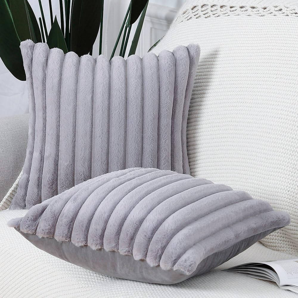 MADIZZ Set of 2 Faux Wool Plush Decorative Throw Pillow Covers 18x18 Inch Grey Fluffy Striped Soft Decorative Cushion Cover for Sofa Bedroom Pillow Shell