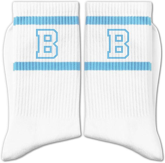 Light Blue and White Striped Crew Socks with the Letter， Classic Varsity Sports Style Monogram Socks