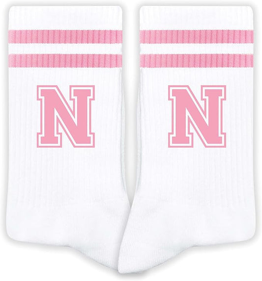 Pink And White-Striped Letter Socks, Sports Socks For Women, Pink Team socks, Friends And Family, Birthday Gift.
