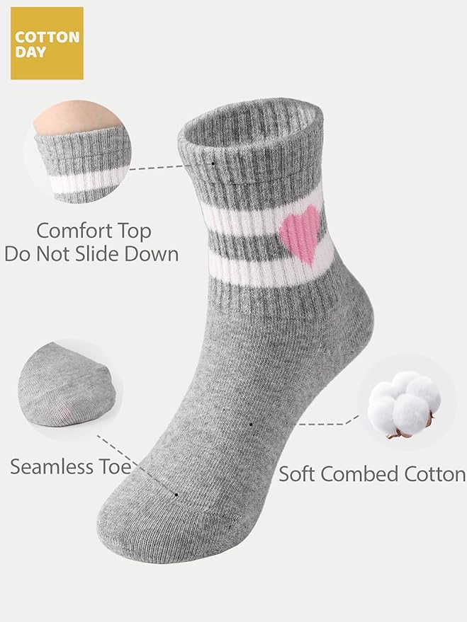 COTTON DAY Kids Girls Pink White Crew Athletic Socks with Retro Stripes Hearts