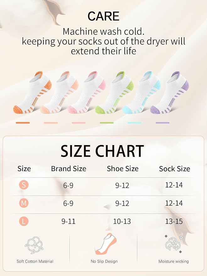 Airacker Athletic Running Ankle Cotton Socks, Low Cut Cushioned functional Anti-Blister Tab Sports Socks for Men Women 6pairs