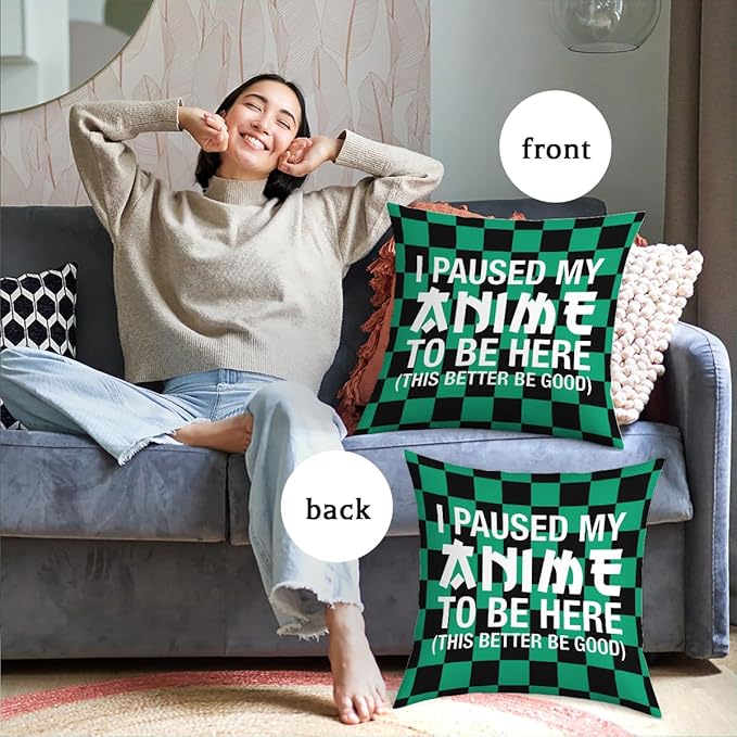 Anime Decor, I Paused My Anime to Be Here Anime Room Decorative Throw Pillow Covers, Girls Anime Gifts Anime Lovers for Home Living Room Girl Women Bedroom Decoration Gifts Black