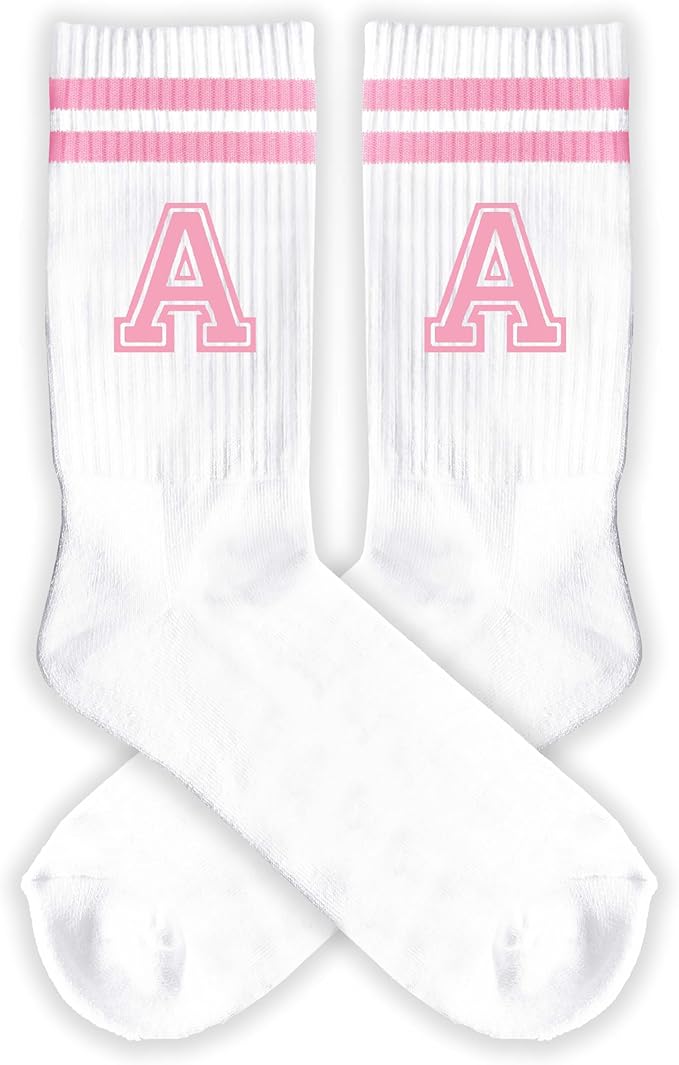 Pink And White-Striped Letter Socks, Sports Socks For Women, Pink Team socks, Friends And Family, Birthday Gift.