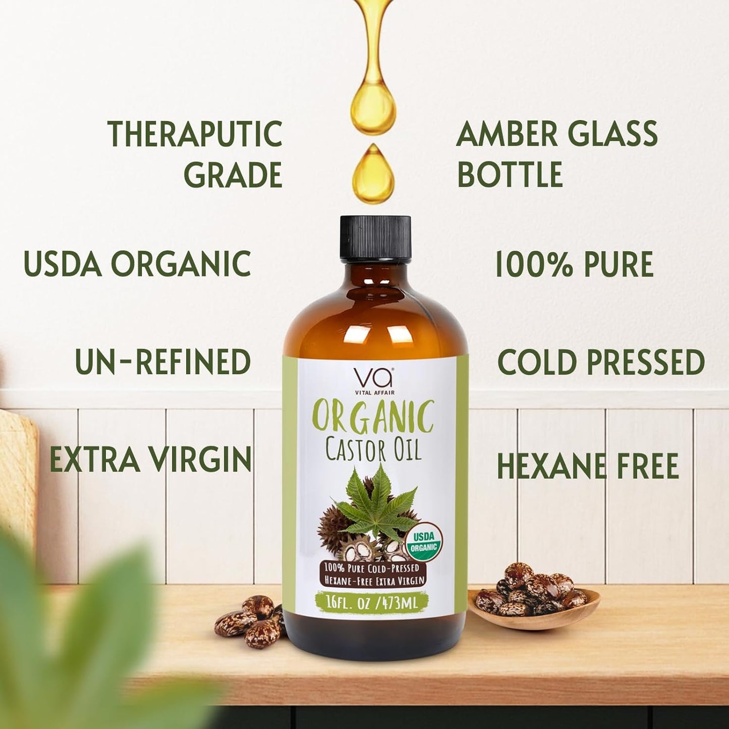 Pure Castor Oil Organic Cold Pressed Unrefined Glass Bottle-USDA Certified for Castor Oil Pack Wrap for Face,Hair Growth,Eyelashes,Eyebrows-16oz