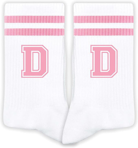 Pink And White-Striped Letter Socks, Sports Socks For Women, Pink Team socks, Friends And Family, Birthday Gift.