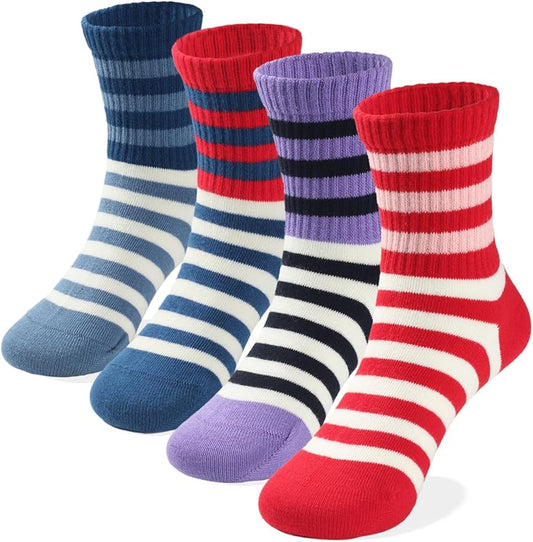 COTTON DAY Kids Girls Pink White Crew Athletic Socks with Retro Stripes Hearts