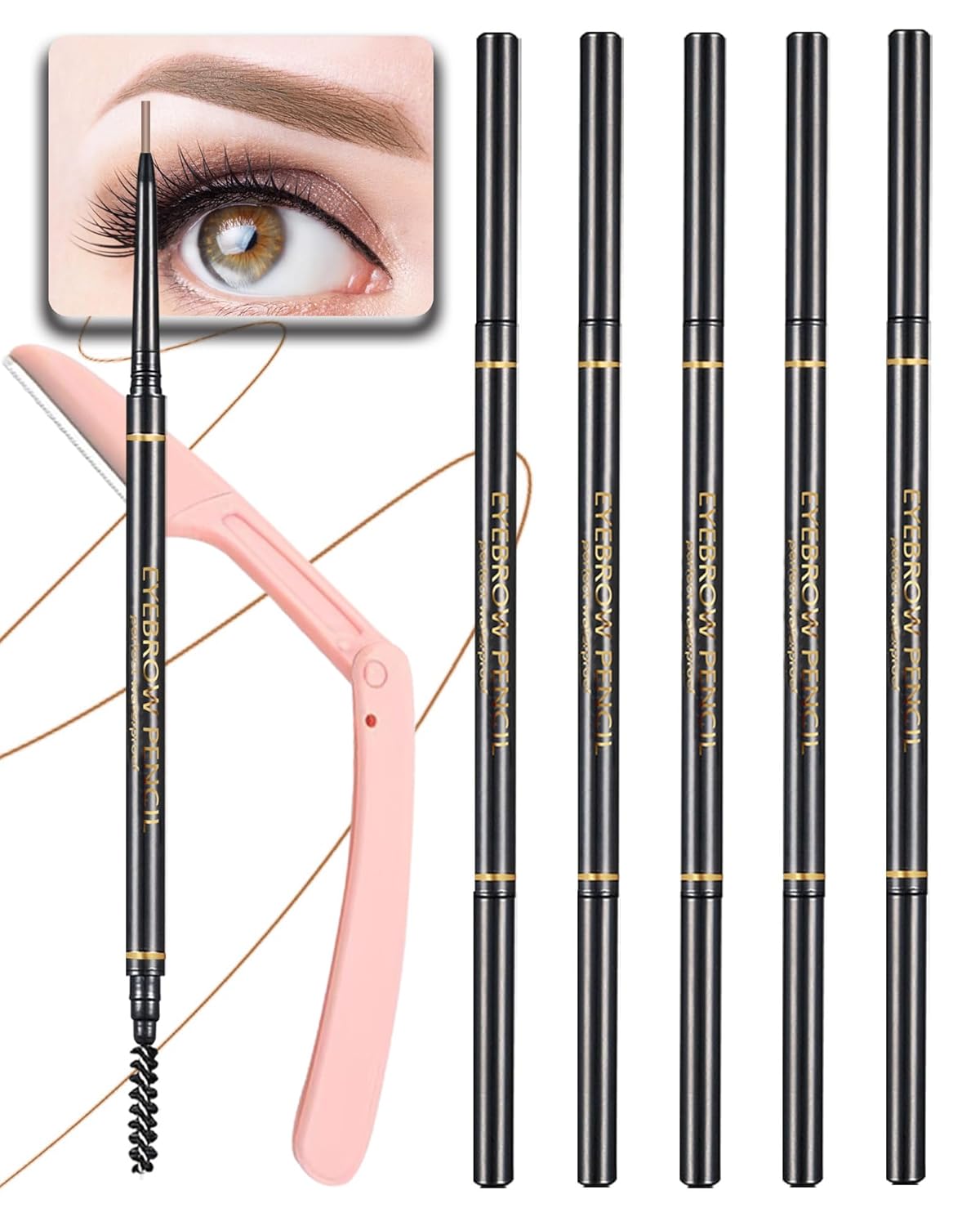 Medium Brown Eye Brow Pencils for Women, 6Pcs Waterproof Eyebrow Pencil, 1.5mm Micro-Fine Tip & Spiral Brush with Brow Razors Perfect for Creating a Natural and Delicate Eyebrow Look Makeup