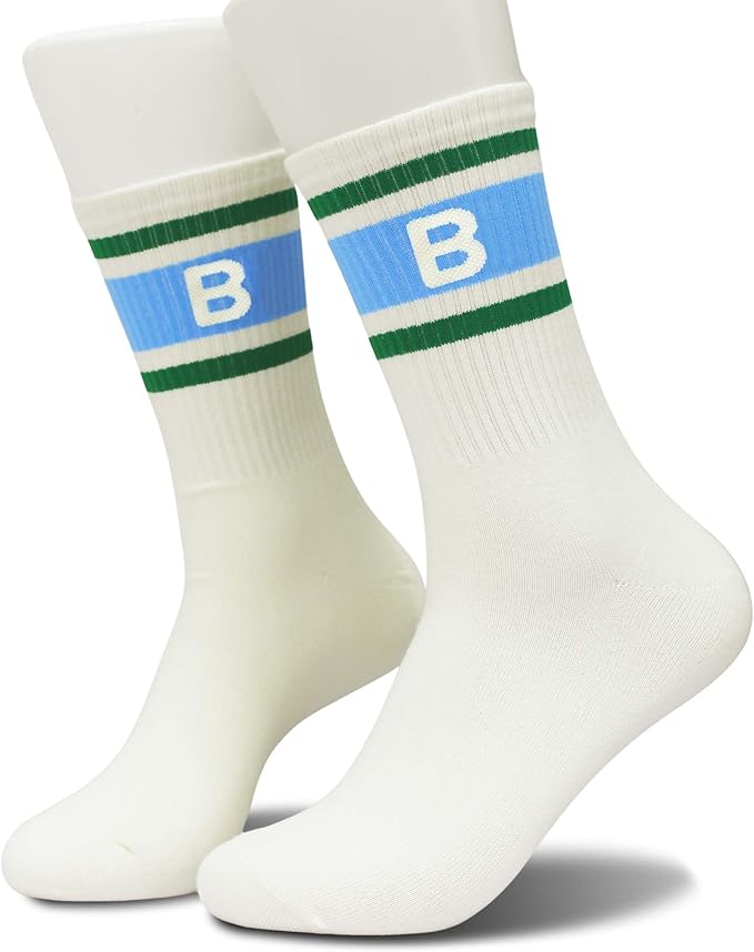 Blue and Off-white Retro Striped Crew Socks with The Letter, Classic Initial Sporty Monogram Socks.