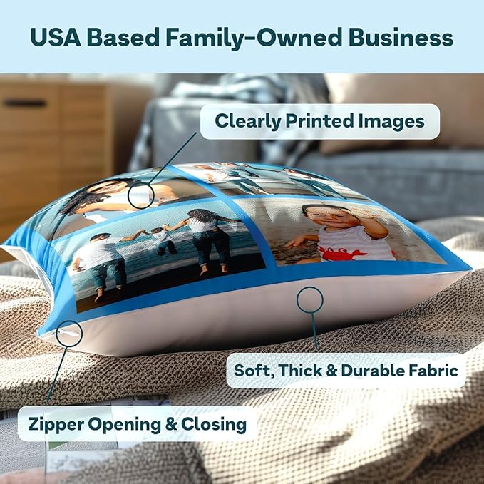 Fabric Textile Products Custom Pillow - USA Made - Personalized Pillows with Picture Collage - Throw Pillow - Personalized Gift - Grandparent & Couples Gifts - Pet Pillow - Kids Pillows (20"x20")