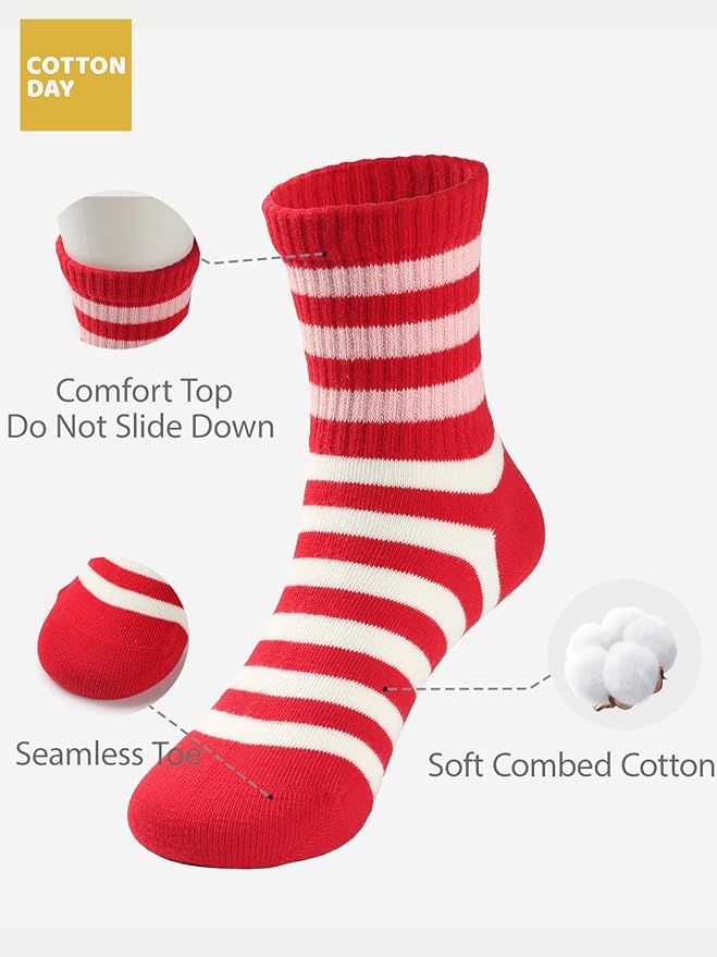 COTTON DAY Kids Girls Pink White Crew Athletic Socks with Retro Stripes Hearts