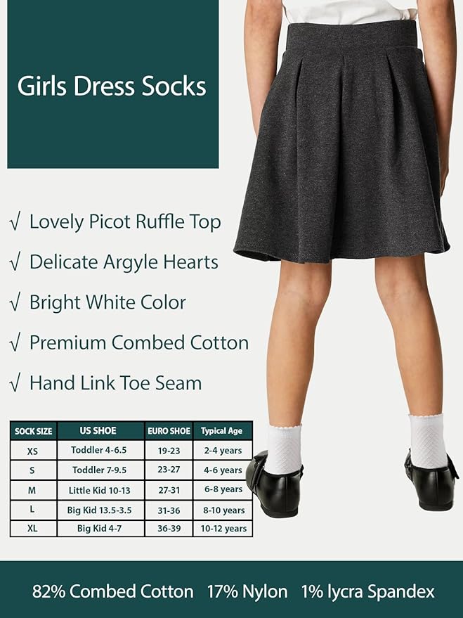 COTTON DAY Girls White Dressy Textured Short Socks Scallop Top Design 5 Pack