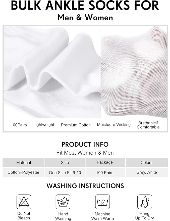 Tarpop 100 Pairs Bulk Mens Socks Moisture Wicking Casual Sports Ankle Socks for Homeless Unisex Adult Men Women