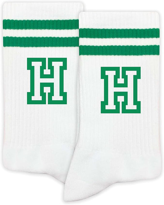 Striped Initial Socks with the Letter in Green, St. Patricks Day Socks Gifts for Family Friends, etc.
