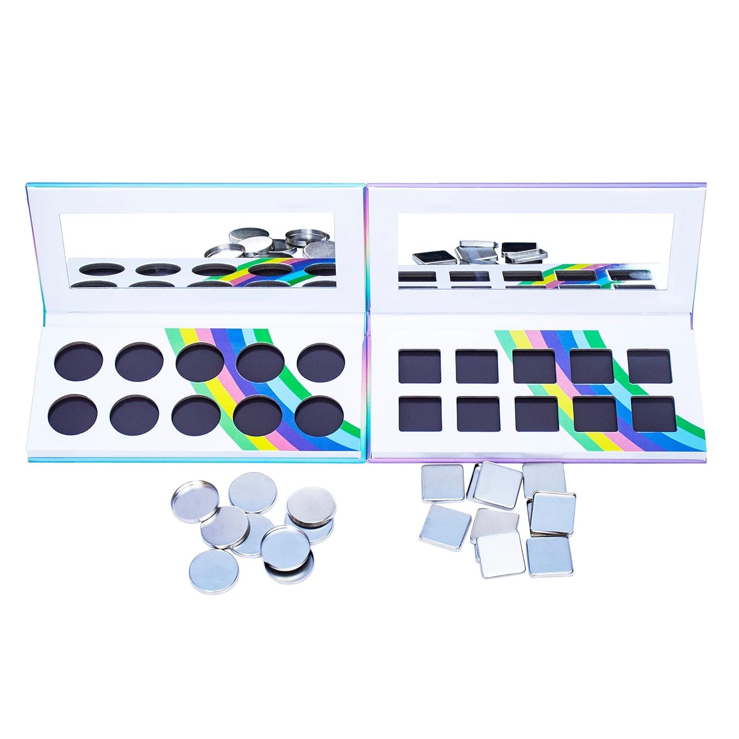 2PCS PU leather pastel sparkle empty magnetic palette with 10Pcs 26mm Round Metal Pans and 10Pcs 23mm square Metal Pans,DIY Eye Shadow makeup palette,elastic, flexible and lubricated, waterproof and easy to clean (Suit-1)