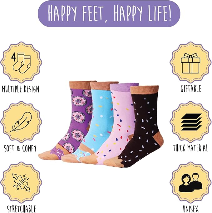 Pop Craze - 2 or 4 Pairs Doughnut Socks in a Box - 1 Size Fits Most. Novelty Food Socks, Funny Gift for Men and Women
