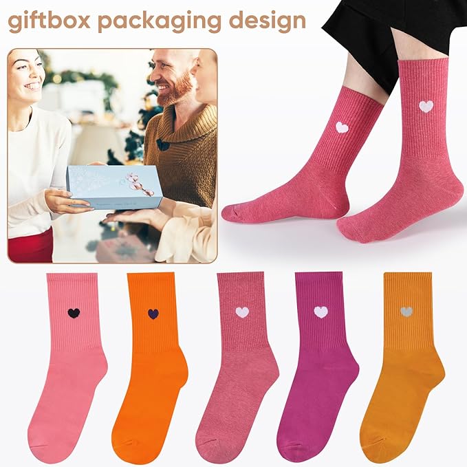Corlap Women's Cute Cotton Crew Athletic Running Socks - Ankle High, Novelty Fun Heart Design 5-Pairs (Gift Box)