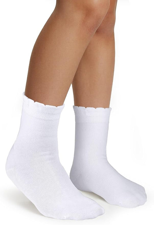 COTTON DAY Girls White Dressy Textured Short Socks Scallop Top Design 5 Pack