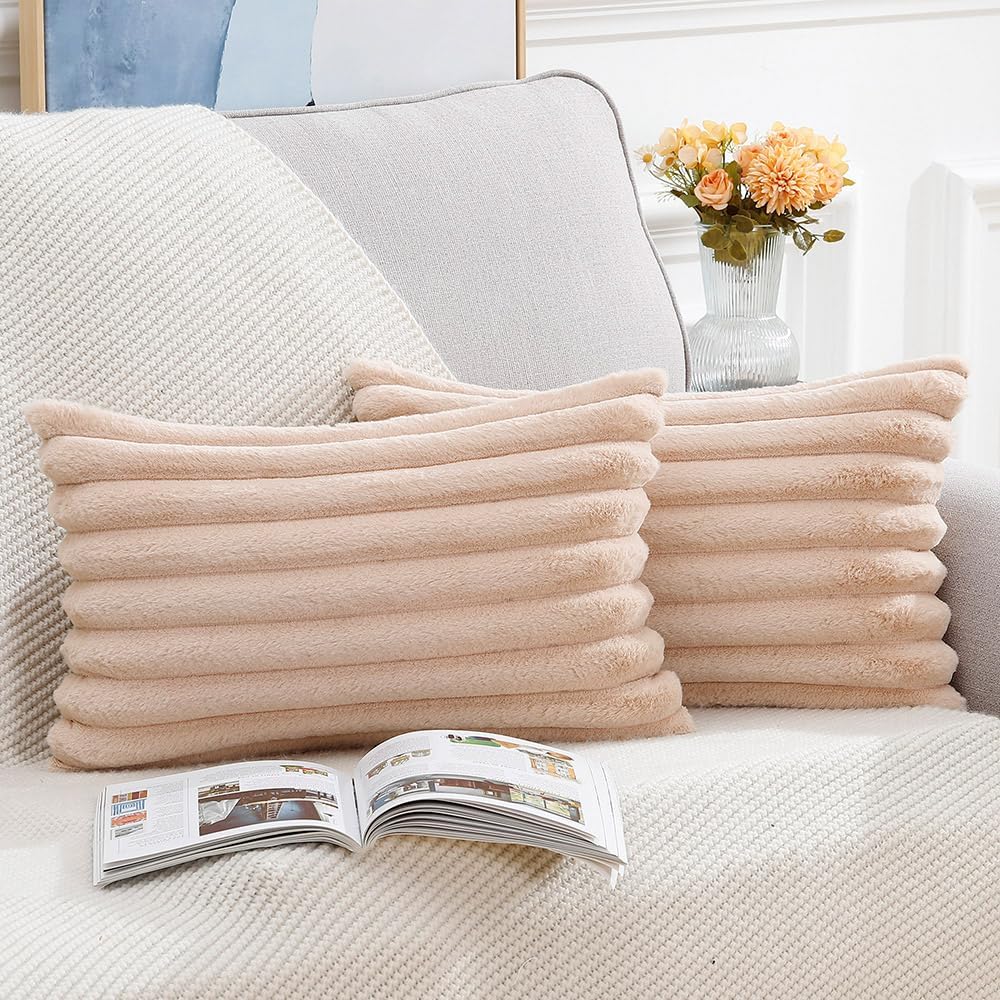 MADIZZ Set of 2 Faux Wool Plush Decorative Throw Pillow Covers 12x20 Inch Light Brown Fluffy Striped Soft Decorative Cushion Cover for Sofa Bedroom Pillow Shell