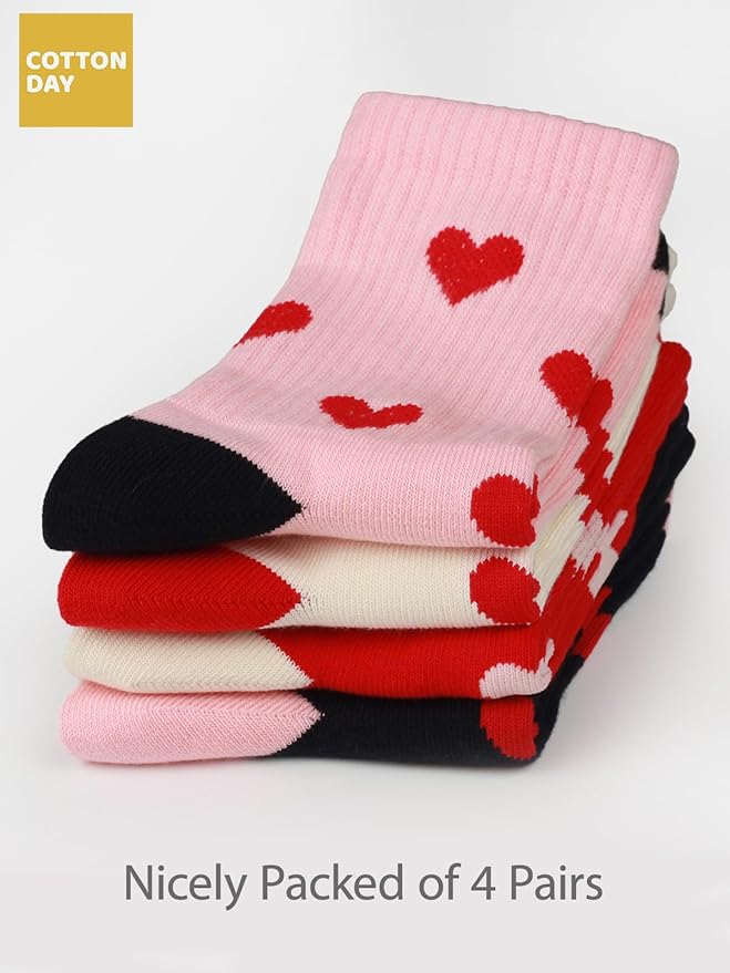 COTTON DAY Kids Girls Pink White Crew Athletic Socks with Retro Stripes Hearts