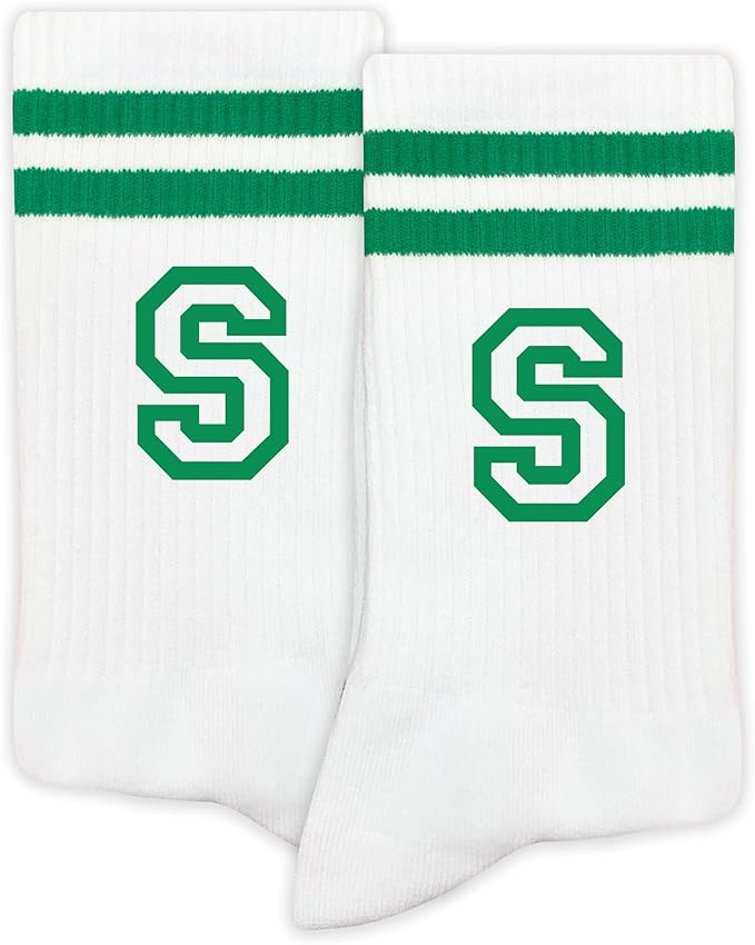 Striped Initial Socks with the Letter in Green, St. Patricks Day Socks Gifts for Family Friends, etc.